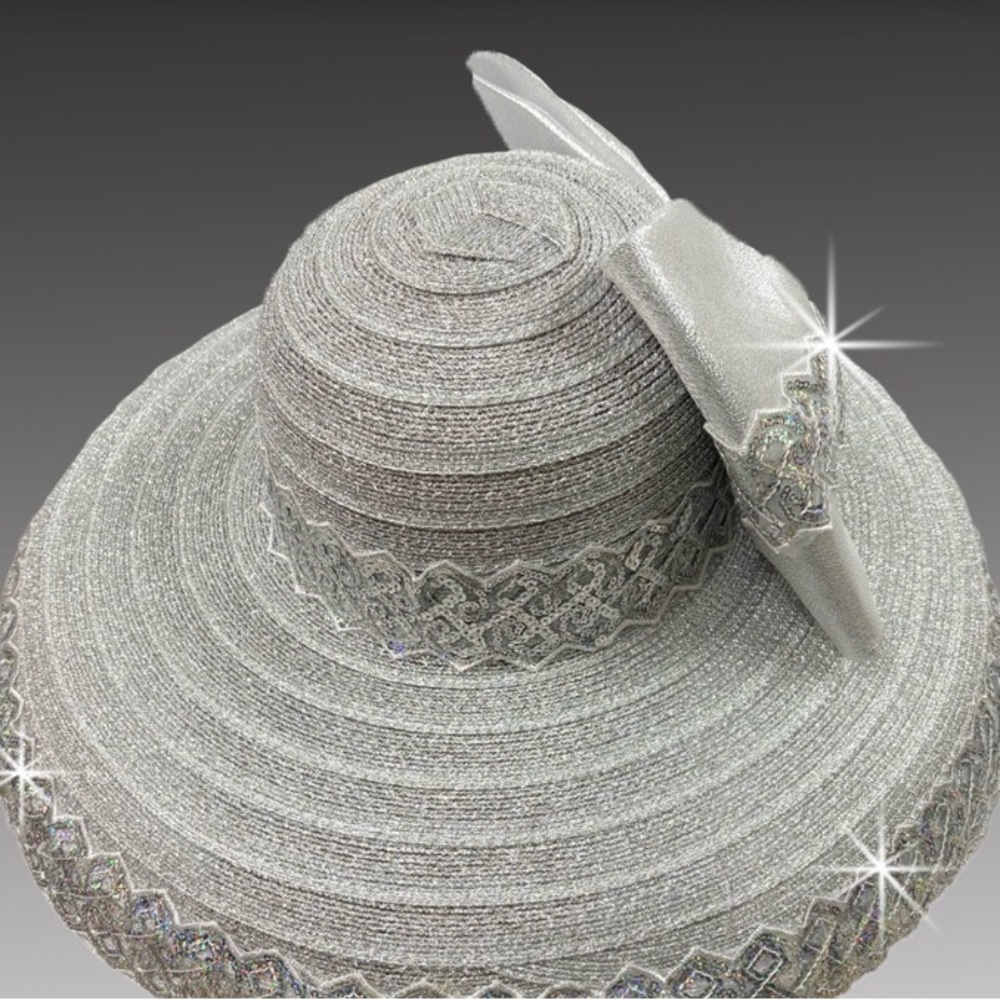 Elegant Silver Sequin Wide-Brim Derby fascinator Church  Hat with Bow and Brooch - Picture 2 of 6